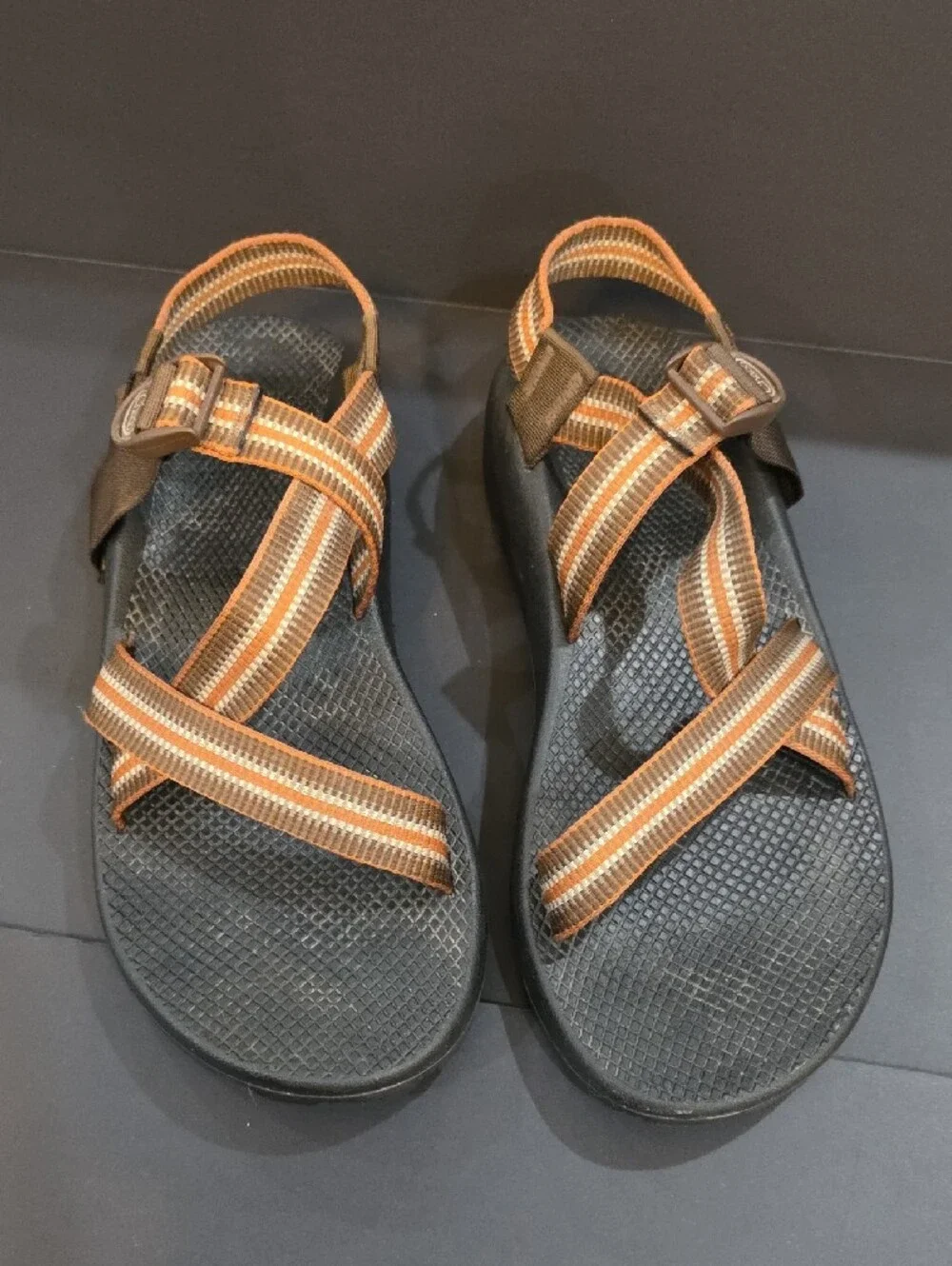 Chaco Men's Vibram Black Sandals with Brown and Orange Straps